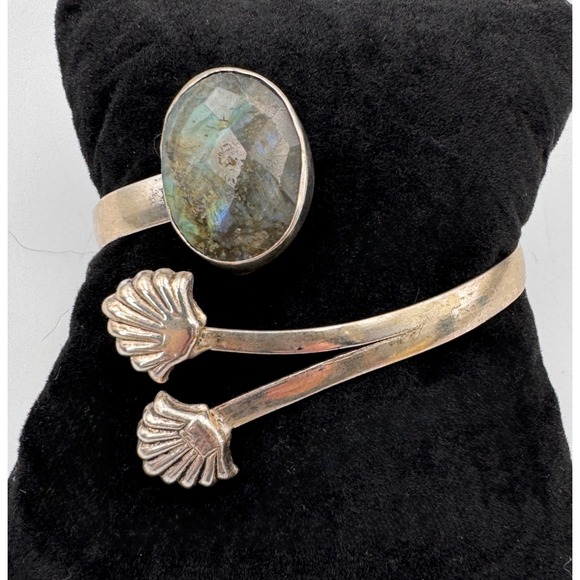 Silver Tone Faceted Labradorite Sea Shell Wrap Bangle Adjustable Boho Bracelet - Picture 3 of 12